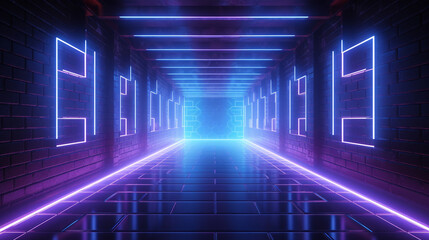 Sci Fi Modern Futuristic Retro Club Dance Background Tunnel Corridor Empty Neon Glowing Purple Blue Lights On grunge Reflective Concrete With Brick Wall Background 3D Rendering