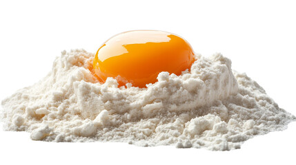 A raw egg yolk in the middle of a flour mound, solated on transparent background, PNG file background