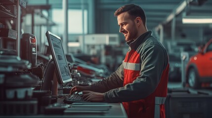 Happy salesman in a modern auto shop using a computer to sell, with various car parts, in the background
