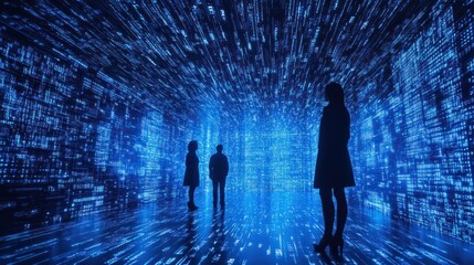 Human silhouettes standing in a blue-toned digital landscape filled with codes symbolizing data and technology