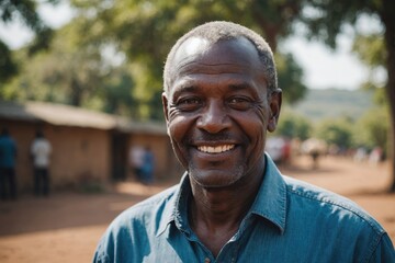 Fototapeta premium Close portrait of a smiling senior Kenyan man looking at the camera, Kenyan outdoors blurred background