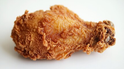 A close-up of a single piece of fried chicken with a perfectly crisp coating, set against a clean, white background to highlight its juicy and tender interior.