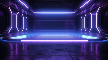 Obraz premium Virtual Glossy Modern Futuristic Sci Fi Dark Grunge Concrete Room With Purple And Blue Glowing Laser Neon Tube Lights On Empty Reflective Stage Background For Text 3D Rendering
