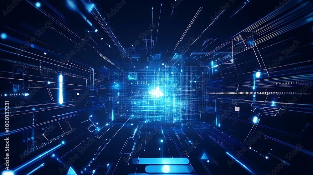 Aufkleber Abstract digital background with glowing blue lines and shapes, representing data flow and connectivity.
