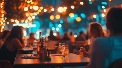 Bokeh lights illuminating lively street bar scene, people enjoying dinner and music together, vibrant urban nightlife 