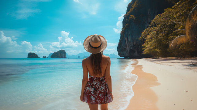A young traveler woman enjoying her summer vacation on the sandy beach of Pak Bia Island, Krabi, Thailand. Surrounded by stunning nature and clear blue waters, she embraces the bea