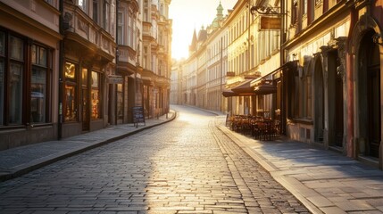 Obraz premium Tranquil urban street in prague at dawn, illuminated by soft sunlight with closed cafes