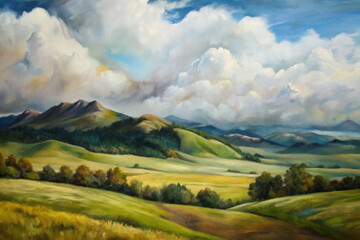 Naklejka premium Lush rolling hills under a vibrant sky showcasing towering clouds and distant mountains in a serene landscape at midday. Generative AI
