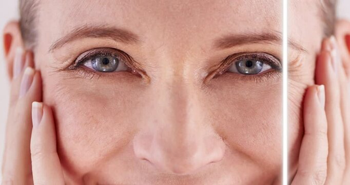 Beauty, eyes and transformation with mature woman closeup in studio for cosmetic skincare treatment. Aging, change or portrait and happy person at salon or spa for before and after dermatology