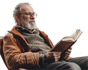 Elderly man reading a book on transparent background