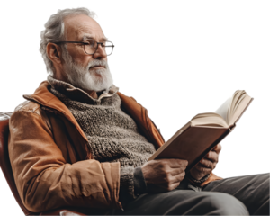 Elderly man reading a book on transparent background