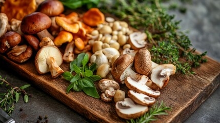 A close-up of a vibrant assortment of fresh mushrooms, including shiitake, oyster, and button mushrooms, artfully arranged on a wooden cutting board with herbs.