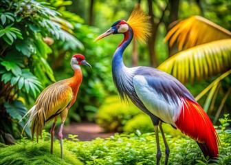 Fototapeta premium Majestic Bird and Elegant Crane Standing Gracefully Amidst Lush Greenery in a Serene Natural Setting