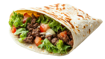 A soft taco with beef, lettuce, and cheese, solated on transparent background, PNG file background