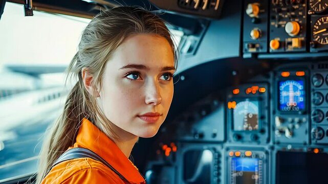 A young Caucasian female pilot with blonde hair is seated in the cockpit of an airplane, wearing an orange uniform. The scene is set during daytime, capturing a focused and professional atmosphere.