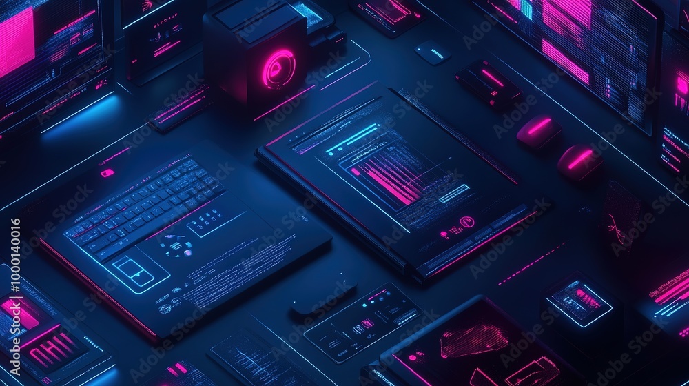 Poster futuristic workspace with high-tech gadgets and glowing screens in a vibrant neon color scheme at ni