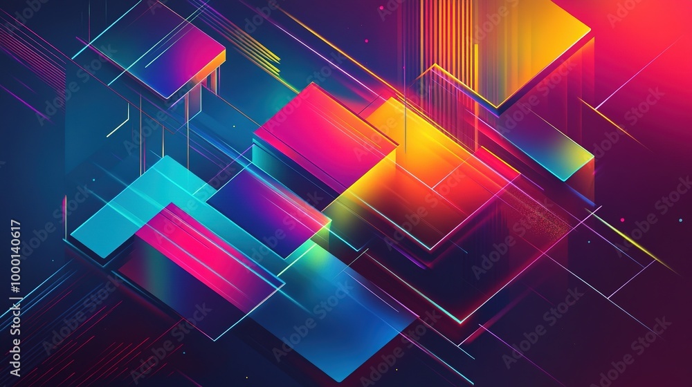 Poster colorful geometric shapes with neon lights create an abstract design in a cosmic space setting