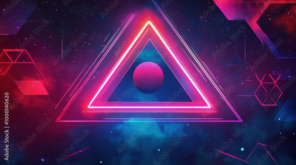 Poster colorful geometric shapes with neon lights create an abstract design in a cosmic space setting