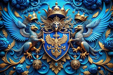 Fototapeta premium Majestic Blue Fantasy Coat of Arms Art Featuring Intricate Designs and Detailed Heraldic Symbols