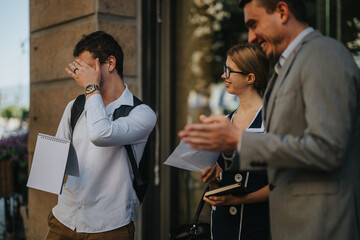 Business professionals gathered outside, reviewing documents and discussing sales strategies to analyze growth. The scene captures corporate teamwork and effective communication in a dynamic setting.