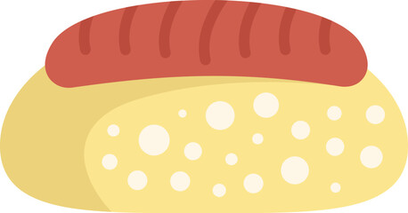 Simple flat design illustration of a grilled sausage laying on a hot dog bun with sesame seeds on a white background
