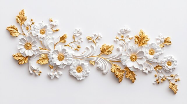Elegant floral ornament with gold and white details on a white isolated background.