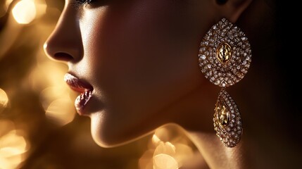 A close-up of a model showcasing elegant jewelry in a soft-lit environment highlighting her striking features and captivating gaze