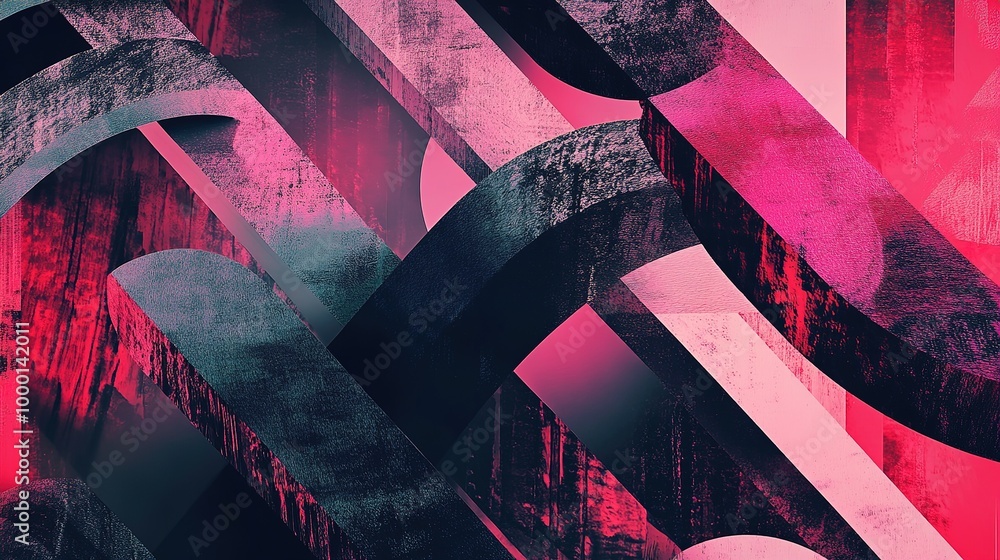 Poster abstract geometric design in vibrant pink and black tones with layered shapes creating depth and mov
