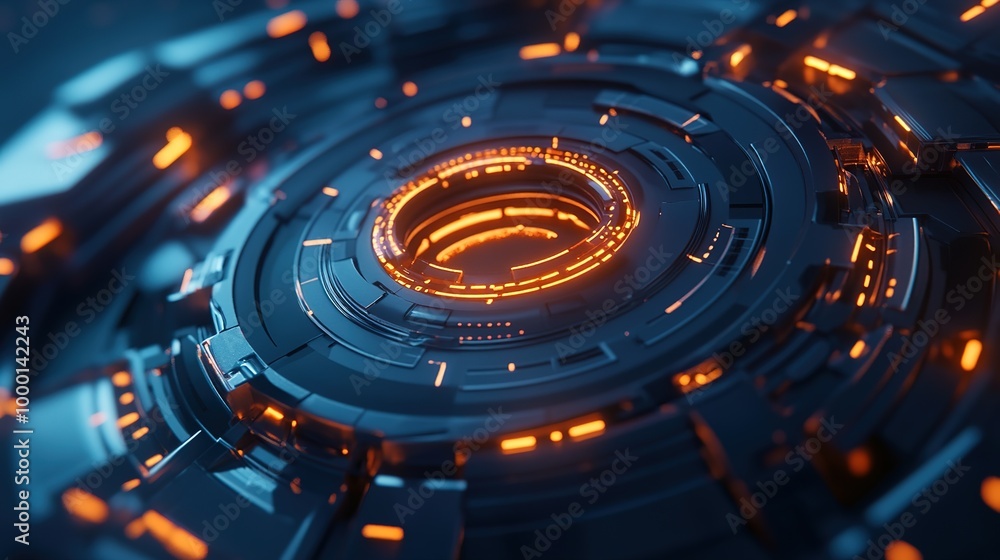 Poster close-up view of futuristic interfaces with glowing orange lights on a dark, high-tech background in
