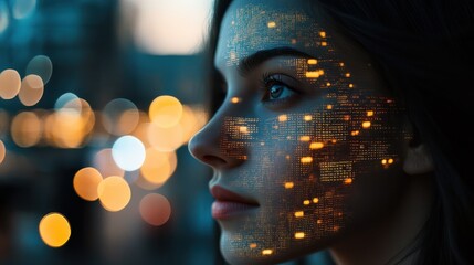 Urban bokeh background frames a woman with program code overlaid on her face as she gazes into the distance