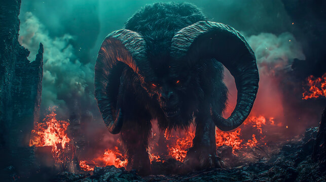 The beast from the earth, with two horns like a lamb, speaking like a dragon, performing great signs, menacing and dark imagery.
Bible revelation Torah New testament Satan Lucifer symbolism.