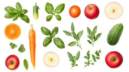 A vibrant set of vegetables and fruits like carrots, apples, and basil from the garden, beautifully solated on transparent background, PNG file