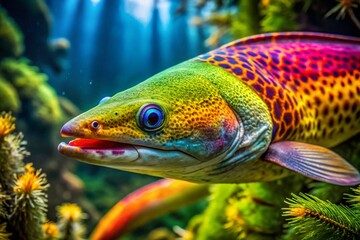 Fototapeta premium Majestic Eel Wolf in Natural Habitat: A Unique Aquatic Creature with Striking Features and Colors