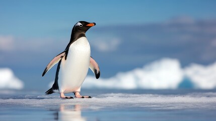 Obraz premium A charming penguin stands proudly on a snowy iceberg against a backdrop of a clear blue sky, symbolizing resilience, adaptation, and the beauty of the natural world.