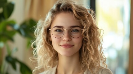 Young adult stylish confident attractive smiling blonde European business woman, beautiful lady pretty model with curly blond hair wearing glasses looking at camera, close up face portrait indoors.