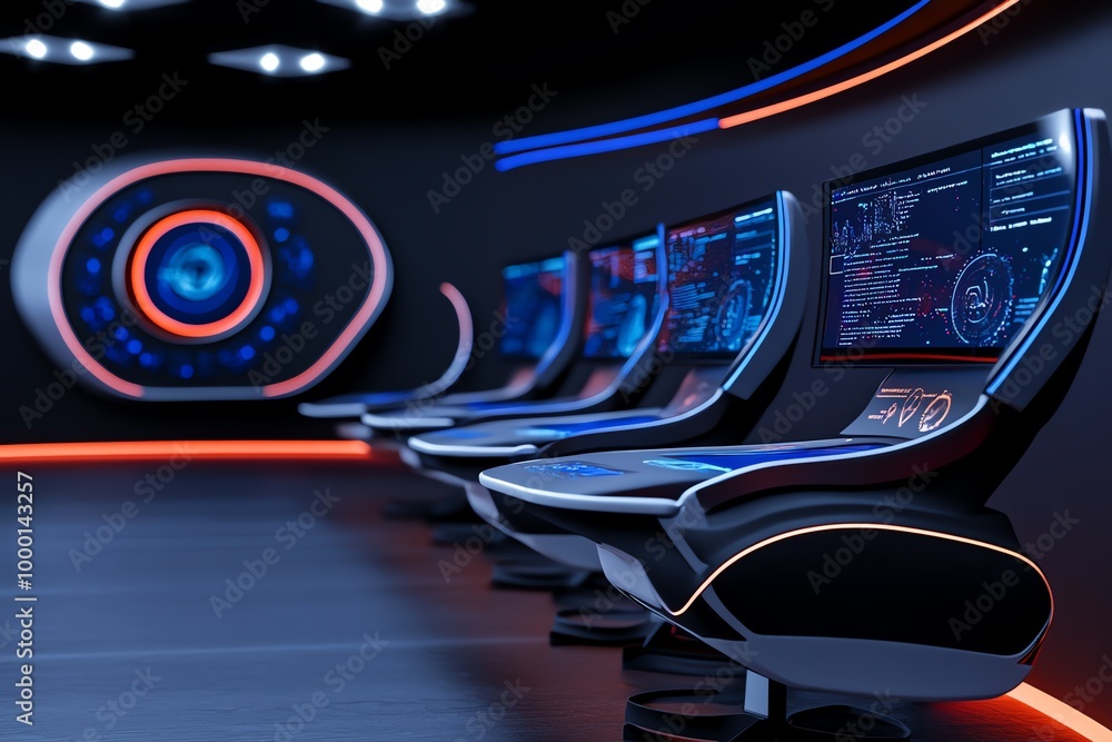 Poster futuristic smart classroom with ai-generated lessons, where teaching materials are displayed on holo