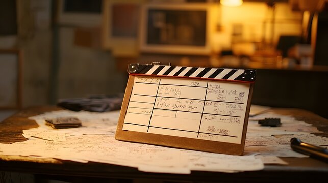 Vintage Movie Clapperboard on Film Set Workspace with Scattered Documents