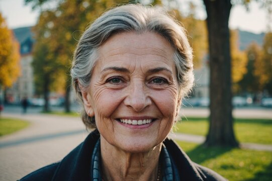 Close portrait of a smiling senior Moldovan woman looking at the camera, Moldovan outdoors blurred background