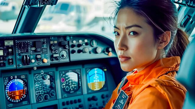 An Asian female pilot in her mid-30s, dressed in an orange uniform, confidently sits in an airplane cockpit. The mood is serious, highlighting her focus and professionalism during daylight hours.