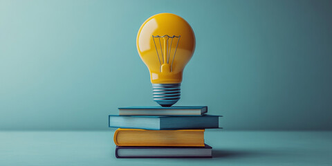 3D rendering of a pile of books in the shape of a light bulb on a white background, with a yellow and blue color palette, a minimal concept design, and copy space for an education or learning theme. 