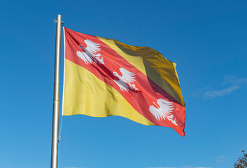 Flag of Lorraine flying in the wind with a blue sky background...region, departement, ancient, lotharingen
