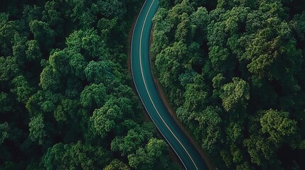 Winding road through autumn-colored forest in a serene natural landscape in the early evening light