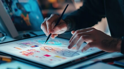 A designer sketching ideas on a tablet while seated at a workspace cluttered with creative materials during the afternoon