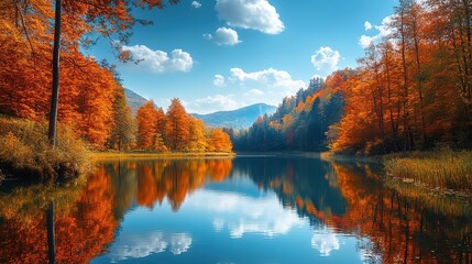 Obraz premium A tranquil autumn landscape reflecting vibrant colors on a serene lake surrounded by mountains