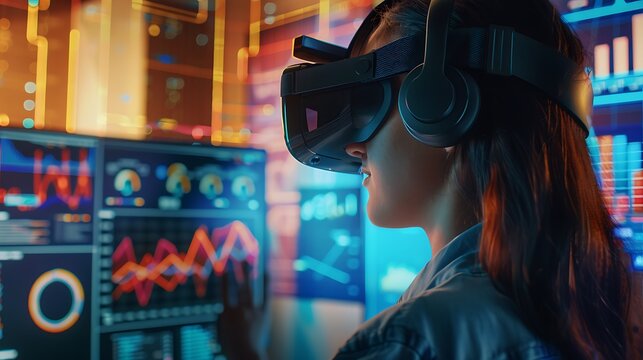 Asian woman wearing virtual reality goggles in front of stock market graph