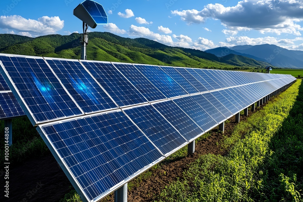 Poster futuristic solar farm with holographic displays, showing real-time data on energy production and eff