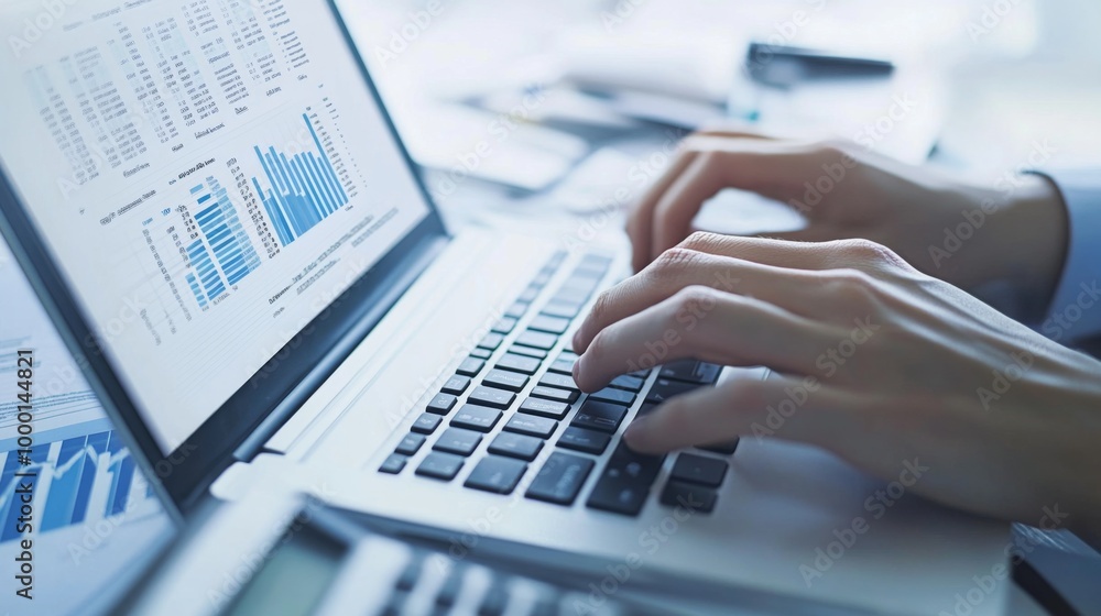 Aufkleber a close-up of hands typing on a laptop with financial data displayed on the screen, surrounded by do