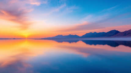 Fototapeta premium Desert Oasis at sunset, vibrant colors reflecting in the water