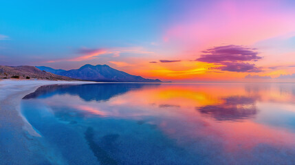 Fototapeta premium Desert Oasis at sunset, vibrant colors reflecting in the water