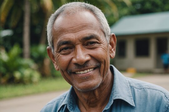 Close portrait of a smiling senior Nauruan man looking at the camera, Nauruan outdoors blurred background